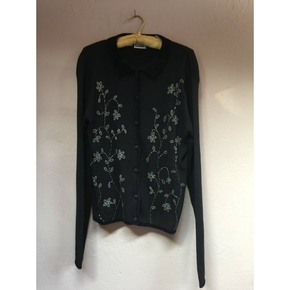 Capacity Women's Large Ramie Blend Beaded Cardigan Sweater Collared Black New